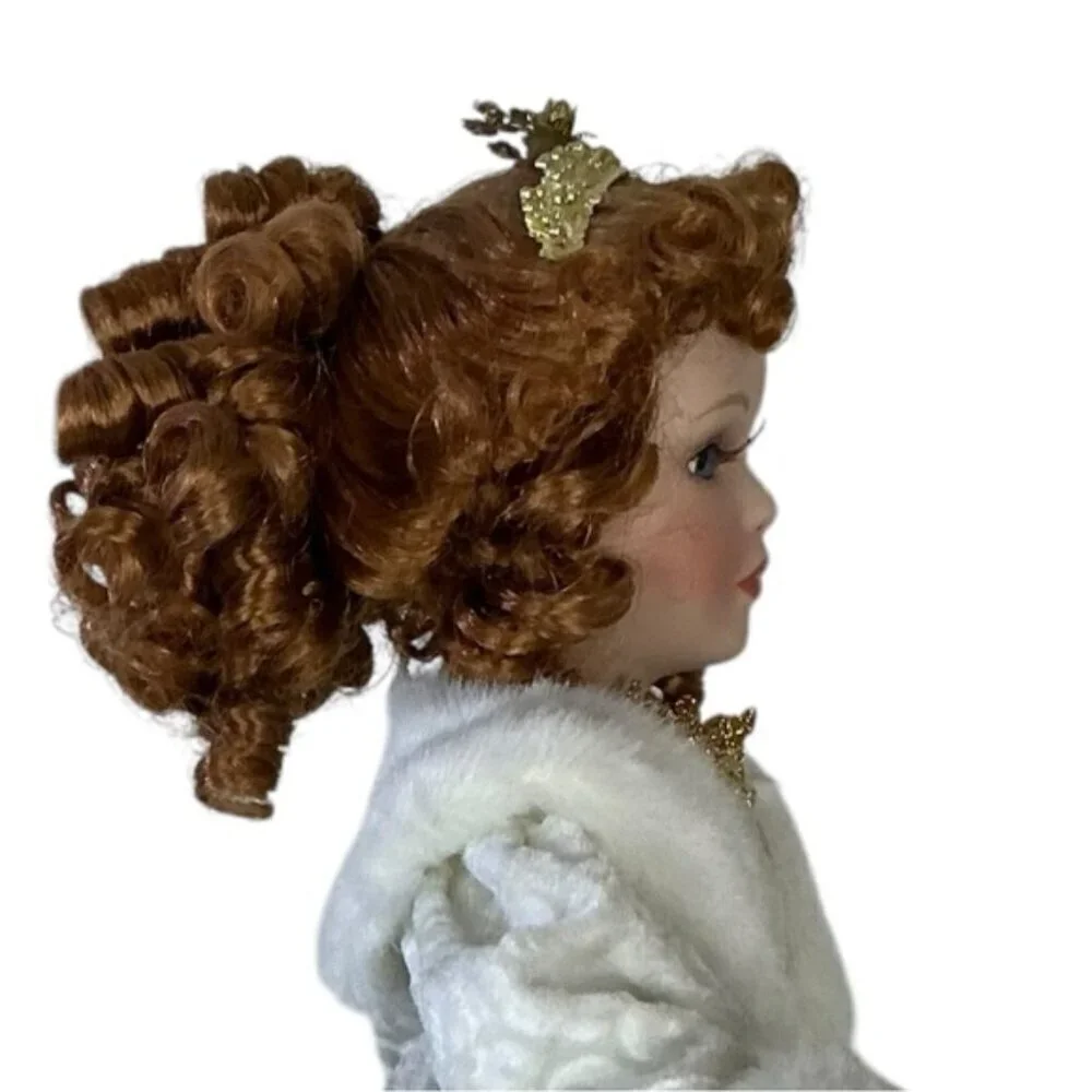 Porcelain Angel Doll Vintage Christmas 05 Red Auburn Hair w/Stand White Gold 19”